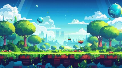 Wall Mural - Platforms and items for a game level background. Modern cartoon landscape of trees, islands with green grass and shiny spheres for gui interfaces of arcade games.