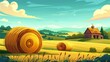 Agricultural landscape with hay bales on an agriculture farm field. Modern illustration of wheat straw rolls, yellow haystacks, and barns in the countryside.