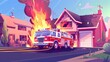 Fire truck in front of burning house, suburban cottage with long tongues. Dangerous accident at home, firefighters vehicle near blazing building in countryside. Cartoon modern illustration.