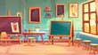 Various school classroom furniture, paints, brushes, chalkboards, frames, and canvas for artist studios. A modern cartoon set of school room interior for young children to draw.