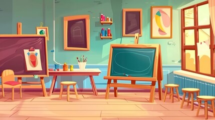 Wall Mural - Various school classroom furniture, paints, brushes, chalkboards, frames, and canvas for artist studios. A modern cartoon set of school room interior for young children to draw.