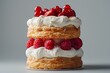 A stack of three cakes with strawberries on top of each other on a plate with a spoon in front of