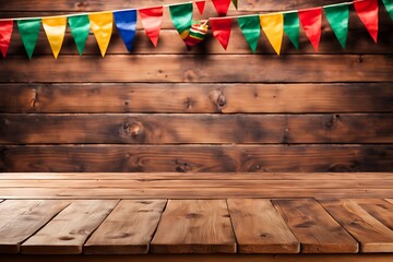 Empty wooden table with Mexican fiesta background in the background 