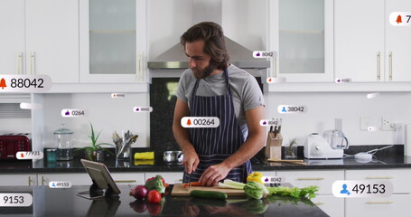 Aufkleber - Image of media icons over caucasian man cooking
