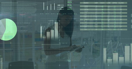 Aufkleber - Image of financial data over african american businesswoman in office