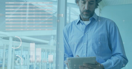 Poster - Image of financial data and graphs over focused caucasian businessman using tablet