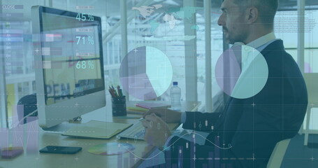 Aufkleber - Image of financial data and graphs over focused caucasian businessman in office