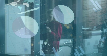 Poster - Image of financial data and graphs over caucasian businesswoman using smartphone in office