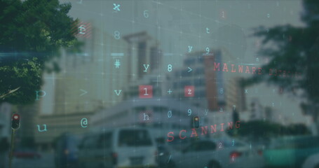 Poster - Image of data processing over cityscape