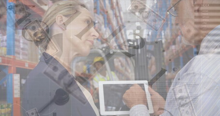 Poster - Image of moving clock over diverse female and male businesspeople in warehouse