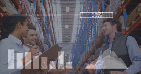 Poster - Image of financial graphs over diverse female and male warehouse workers clapping hands