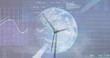 Image of financial data processing over earth and wind turbine
