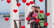Image of heart icons over diverse gay couple embracing