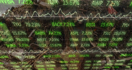Poster - Stock market data processing against heap of scrap at junkyard