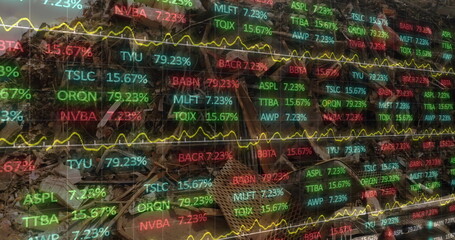 Poster - Stock market data processing against heap of scrap at junkyard