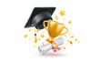 © wowomnom - Vector illustration of graduate cap and diploma paper scroll with wax seal on white background with winner cup. 3d style design of congratulation graduates 2024 class with graduation hat and star