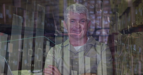 Poster - Image of statistical data processing over caucasian senior male worker smiling at warehouse