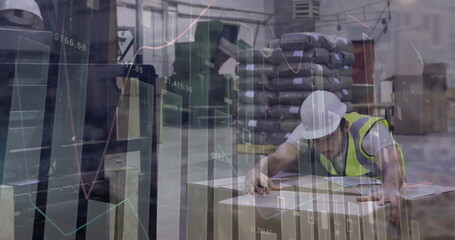 Poster - Image of statistical data processing over caucasian male worker packing boxes at warehouse