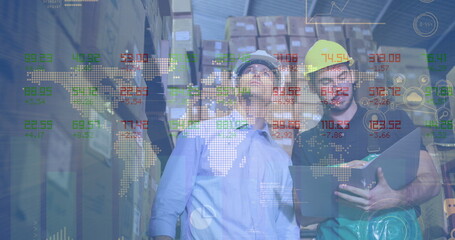 Poster - Image of data processing over caucasian male workers in warehouse
