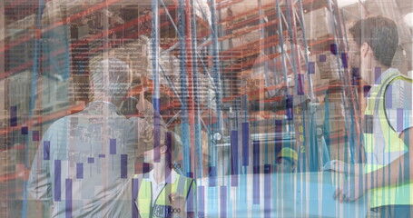 Poster - Image of data processing over caucasian senior supervisor and male worker working at warehouse