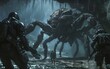 Soldiers strategize against alien behemoths in a dynamic, cinematic engagement