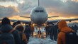 Boarding Flight at Snowy Airport at Sunset
