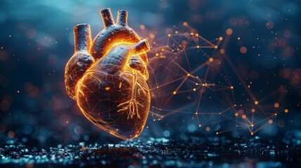 Sticker - An isolated modern heart with a pain center. Low poly wireframe. 3D polygonal human body on dark background. Medicine concept with triangle geometry.