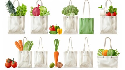 Canvas Print - Modern realistic mockup of blank canvas packets for fruits and vegetables, textile reusable ecobags isolated on white.