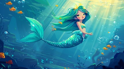 Sticker - An underwater mermaid with a little fish in a sea of bubbles. A modern cartoon illustration of a cute girl fish character with green hair and a tail full of scales.