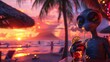 Cinematic image of a cheerful extraterrestrial enjoying a tropical cocktail at a beachside bar, with palm trees swaying in the breeze and vibrant sunset hues painting the sky