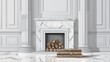 Hearth in stone frame with pilasters, mantelpiece, and firewood pile inside. Modern realistic illustration. White marble fireplace with pile of logs in empty living room interior.