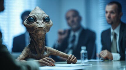 Wall Mural - Cinematic image of a cheerful extraterrestrial leading a team meeting in a modern conference room, their leadership qualities shining as they guide colleagues through important discussions 03