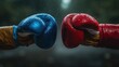 Close-up of Red and Blue Boxing Gloves Clash