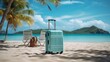 Travel luggage blue suitcase on summer background	
