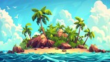 Fototapeta Łazienka - Animated island with beach, palm trees, rocks, surrounded by sea water on a tropical background. Separated layers for 2D game Tropical landscape modern illustration.