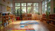 Sunny Classroom Interior with Educational Posters and Wooden Furniture