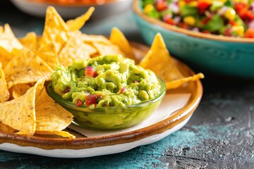 Wall Mural - Fresh guacamole served with tortilla chips.