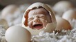 A smiling human baby emerges from a newly hatched egg 01