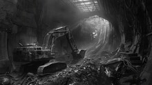 Monochrome Shot Of Industrial Excavators In A Coal Mine