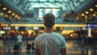 Young Man Waiting Alone at Busy Airport Terminal