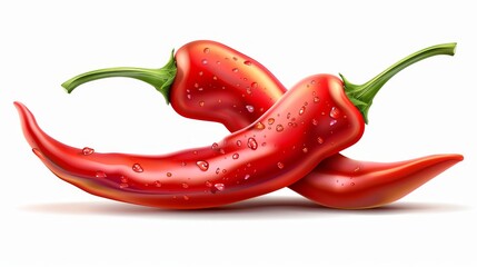 A red chili pepper, hot spicy plant pod, paprika cayenne with green stem is modern realistic illustration isolated on white. A ripe chopped vegetable is shown with a shadow to create a realistic