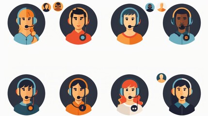 Poster - Operator avatars in black circles. Modern flat icons set of call center or hotline workers.