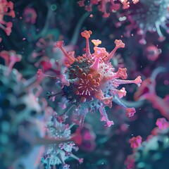 Virus cell, infecting a host, illustrating the role of viruses in ecosystem dynamics and human health 3D render with silhouette lighting and chromatic aberration