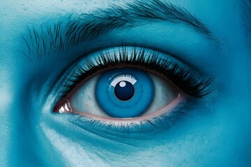 Close up blue eye with future cataract protection scan contact lens, illustrating eye care technology