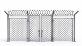 An illustration of metal fencing segments separated by poles, rabitz isolated on white background with barbed wire fence. Realistic modern illustration in 3D.