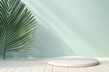 Wall Mural - White background with palm leaf shadow and white wooden table for product display, summer concept. Vector illustration, isolated on pastel background