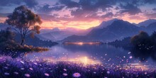 As The Sun Rises, A Picturesque Purple Landscape Unfolds Over The Tranquil Lake Amidst Majestic Mountains.