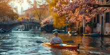 Travelers Enjoy Historical Punting On The Serene River, Admiring The Beautiful Landscape And Charming Architecture.
