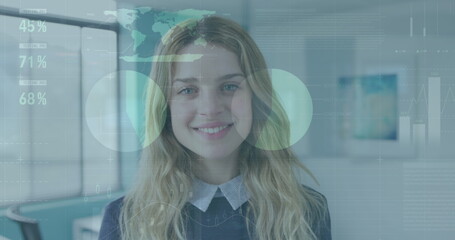 Poster - Image of data processing over caucasian businesswoman in office