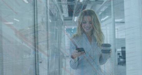 Poster - Image of data processing over caucasian businesswoman with coffee in office